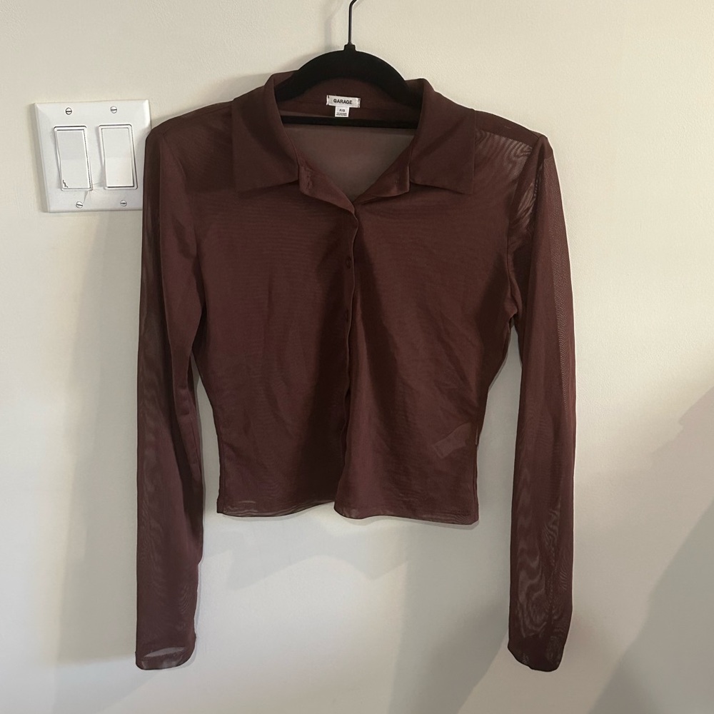 Garage Brown Mesh Long-sleeve Button-down Top
